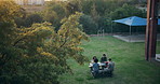 Group, people and outdoor in above at office for company break, together for meeting or discussion, Teamwork, backyard and collaboration for rest from job in social space, relax on lawn for wellness