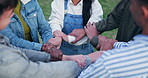 Teamwork, support and people holding arms for community, connection or diversity goals. Unity, collaboration and group of volunteers link together for solidarity, partnership or synergy in nature.