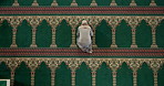 Muslim woman, above and praying at mosque for salah, duah or faith on traditional carpet or mat. Top view of holy female person or hijab in islamic prayer for Allah, worship god or religion on floor