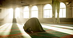 Islam, praying and woman in mosque for worship, spiritual inclusion or holy praise to Allah at Ramadan. Culture, respect and Muslim girl for gratitude, morning dua and commitment to faith in religion