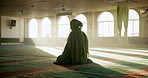 Islam, prayer and woman in mosque for worship, spiritual inclusion or holy praise to Allah at Ramadan. Culture, respect and Muslim girl for gratitude, morning dua and commitment to faith in religion