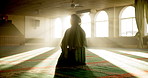 Islam, prayer and calm woman in mosque for worship, spiritual inclusion or holy praise to Allah at Ramadan. Culture, respect and Muslim girl for gratitude, dua and commitment to faith in religion