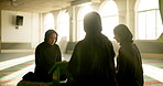 Reading, Quran and group of women in mosque for worship, spiritual inclusion and Islamic study together. Culture, support and female students with holy book, learning and solidarity in Muslim prayer