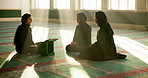 Teacher, Quran and group of women in mosque for worship, spiritual inclusion or Islamic study together. Culture, support and female students with holy book, learning and solidarity in Muslim prayer