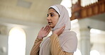 Woman, muslim and dua in mosque with hijab for gratitude, forgiveness and worship during eid mubarak. Female person, islam and spiritual in Dubai with takbir alihram for reflection, praying and faith