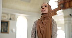 Woman, islam and contemplating in mosque with hijab for gratitude, peace and worship during eid mubarak. Female person, muslim and thinking in Dubai with mindfulness for reflection, vision and faith 