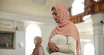 Female person, islam and praying in mosque with hijab for gratitude, peace and worship during eid mubarak. Woman, muslim and dua in Saudi Arabia with fasting for religion, spiritual or faith in Allah