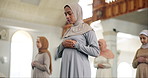 Faith, meditation and group of women in mosque for worship, spiritual inclusion or prayer to Allah. Culture, respect and Muslim people with gratitude, morning dua and solidarity in Islamic religion