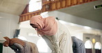 Woman, muslim people and prayer in mosque with group for religion, faith and connection to God in morning. Islamic community, peace and spiritual development for solidarity, devotion and gratitude