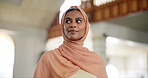 Woman, muslim and mindfulness in mosque with hijab for gratitude, peace and worship during eid mubarak. Female person, islam and thinking in Dubai with contemplating for reflection, vision and faith