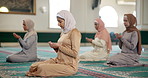 Meditation, prayer and group of women in mosque for worship, spiritual inclusion or holy praise to Allah. Culture, faith and Muslim people with gratitude, dua and solidarity in Islamic religion