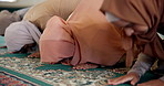 Faith, dua and group of women in mosque for worship, spiritual inclusion or holy praise to Allah. Culture, respect and Muslim people with gratitude, morning prayer and solidarity in Islamic religion