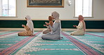 Carpet, prayer and group of women in mosque for worship, spiritual inclusion or holy praise to Allah. Culture, respect and Muslim people with gratitude, morning dua and solidarity in Islamic religion