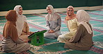 Quran, school and group of women in mosque for worship, spiritual inclusion or holy prayer to Allah. Culture, learning and Muslim girl with class discussion, book and solidarity in Islamic religion