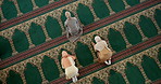 Religion, prayer and group of women in mosque for spiritual worship, praise and Islamic faith from above. Culture, respect and Muslim people on carpet with gratitude, morning dua and holy meditation