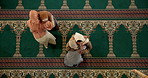 Muslim women, faith and hug in mosque with care, religion and connection to God with above for reunion. Islamic people, peace and spiritual in temple for conversation, devotion and gratitude in Qatar