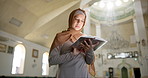 Muslim woman, islam and reading with quran at mosque for god worship, knowledge or words of Allah. Islamic female person with religious or holy book for information or arabic literature at temple