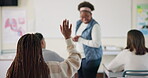 Back, student and raised hand for answer in classroom with question, knowledge and learning in education. High school, teacher and curious learner in academy with study, solution or feedback for exam