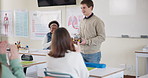 Boy, presentation and applause in classroom at high school with model electric car for innovation in transport. Student, teenager and speech with cheers from teacher, happy and eco friendly travel