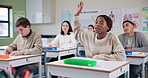 Girl, student and raised hand for answer in classroom with question, knowledge and learning in education. High school, curious learner and talking in academy with study, solution or feedback for exam