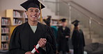 Happy man, graduation and student with qualification for future, milestone or certificate at campus. Portrait of male person or young graduate with smile for diploma, degree or award at university