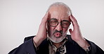 Migraine, glasses and senior man in studio with pain for confused, burnout or vertigo on white background. Sore, headache and elderly person with for massage temple, anxiety or memory problem