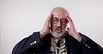 Headache, glasses and elderly man in studio with pain for confused, burnout or vertigo on white background. Sore, migraine and senior person with for massage temple, anxiety or memory problem