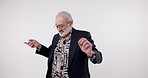 Studio, senior man and enjoying with dancing, moving and rhythm for creative steps with hands on air. Old man, dancer and cheerful in retirement with samba, tango and performance by white background