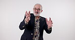 Studio, senior man and face with dancing, moving and rhythm for creative steps with hands on air. Old man, dancer and cheerful in retirement with samba, tango and performance by white background