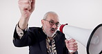 Megaphone, speech and mature man in studio for broadcast announcement, election news or info on white background. Microphone, noise and frustrated male speaker with message for change and vote