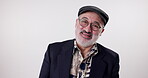 Portrait, fashion or happy senior man in studio with glasses, smile or excited on white background. Retired writer, male person or new frame for eyecare with laughter, health or successful retirement