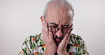 Face, anxiety and senior man in studio with depression, mental health or stress for retirement. Emotion, frustrated and elderly person with tension for finance crisis with pension by white background