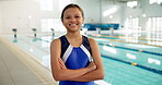 Swimming pool, girl and arms crossed portrait for learning, exercise and training together indoors. Water sports, children and kids for aqua school, health and wellness with skill improvement class