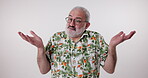 Confused, doubt and portrait of senior man shoulder shrugging and raise arms isolated on white studio background. Clueless, smile and mature male person with question, whatever and doing hand gesture