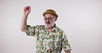 Dance, music and mature man in studio on white background for fun retirement, moving and rhythm. Party, celebration and funky fashion with happy elderly person dancing on mockup backdrop for freedom