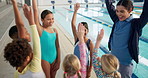 Swimming pool, friends and huddle of kids for learning, exercise and training together indoors. Water sports, children and students for aqua school, health and wellness with coach and skill class