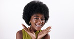 Afro, happy and face of black woman in studio for beauty, natural hair and salon treatment on white background. Excited, aesthetic and portrait of isolated person with cosmetics, smile and wellness