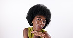 Afro, blowing kiss and face of black woman in studio for beauty, natural hair and salon treatment. Happy, flirt and portrait of isolated person with cosmetics, smile and wellness on white background