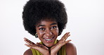 Afro, beauty and face of black woman in studio for skincare, natural hair and salon treatment. Happy, aesthetic and portrait of isolated person with cosmetics, smile and wellness on white background