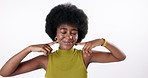 Black woman, afro and happy for haircare in studio on isolated white background with fun. Female person, smile and satisfied with hair progress, result and treatment in summer fashion and eyes closed