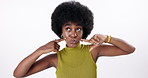 Silly, goofy and young black woman in studio with comic, funny and crazy face expression. Joke, humor and African female model with quirky comedy touching her cheeks isolated by white background