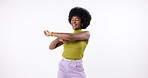 Black girl, happy and dancing for celebration in studio, expression and performance for winning or fashion sale. Woman, movement and isolated on white background with joy for promotion and music.