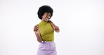 Black woman, afro and dancing for fashion in studio on isolated white background with fun. Female person, smile and satisfied with trendy or colorful style with summer clothes and celebration