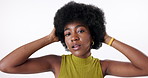 Afro, confident and face of black woman in studio for beauty, natural hair and salon care on white background. Fashion, happy and portrait of isolated person with cosmetics, smile and wellness