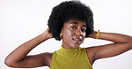 Afro, confidence and face of black woman in studio for beauty, natural hair and salon care on white background. Fashion, aesthetic and portrait of isolated person with cosmetics, smile and wellness