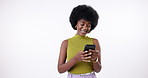 Phone, happy and black woman in studio networking online for communication or notification. Gen z, smile and African female influencer scroll on internet for trends with cellphone by white background