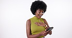 Wow, phone and black woman in studio with news, information or announcement on white background. Surprise, deal and model with smartphone for feedback, review or online winner for competition prize