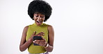 Black woman, surprise and phone with shock for good news, fashion or social media on a white studio background. Young African or female person with afro on mobile smartphone for web, sale or discount