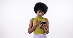 Smartphone, sad and mockup with black woman in studio on white background for communication, bad news and text. Phone, message and update with notification, crisis and email with upset person