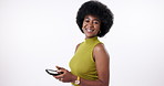 Black woman, phone and fashion with afro for news, social media or communication on a white studio background. Portrait of young African or female person with smile on mobile smartphone or online app